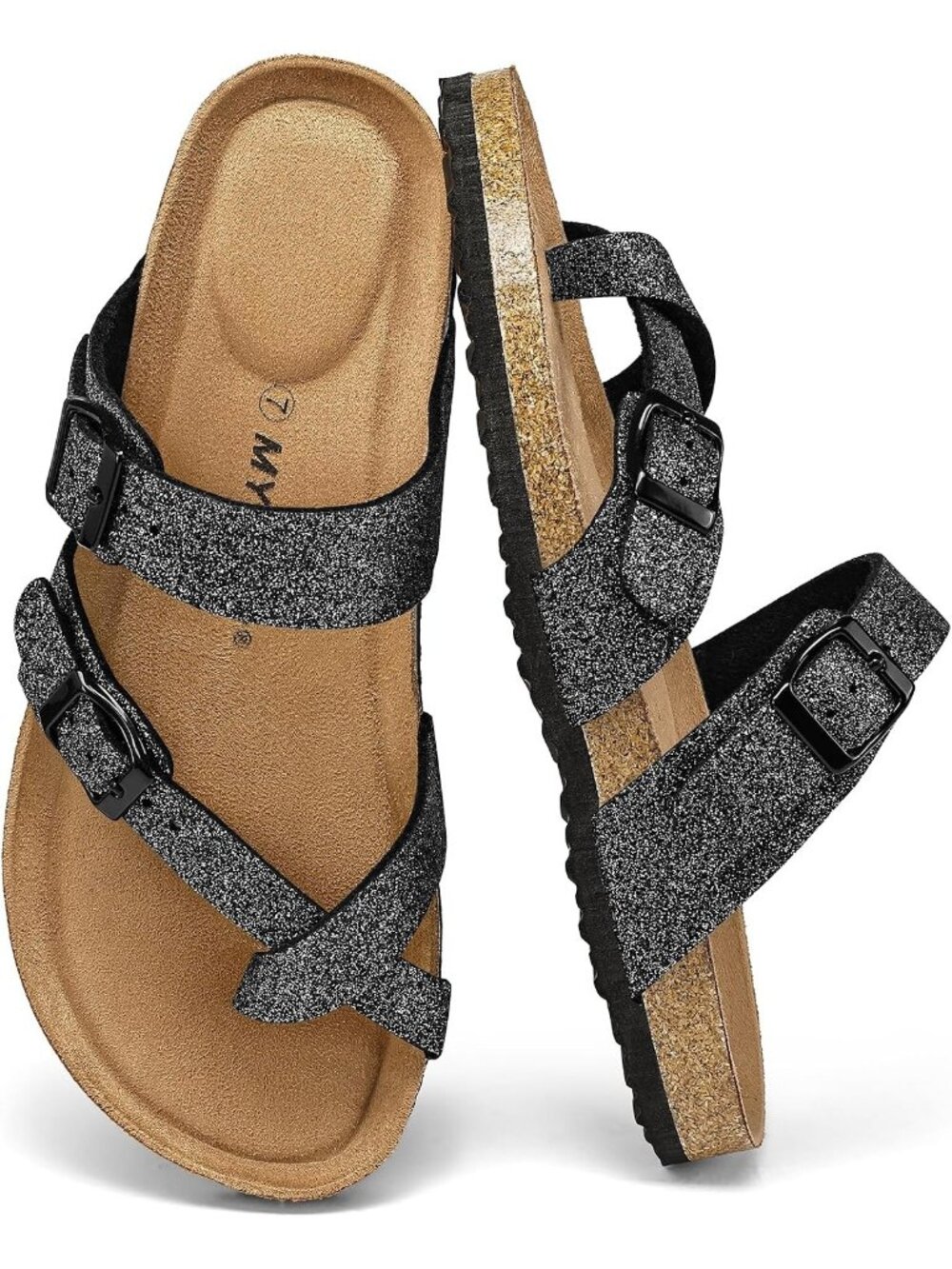 Women's Glitter Double Adjustable Buckle Slide Cork Footbed Slip On Sandal Shoes